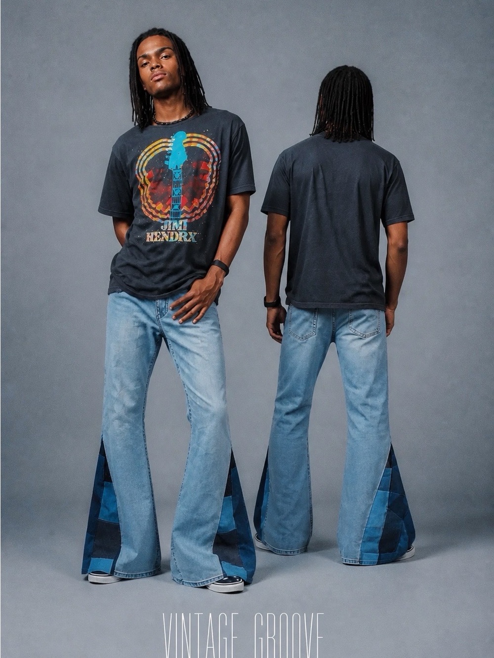 Light Blue Men's Flared Patchwork Jeans - Picture 1 of 3